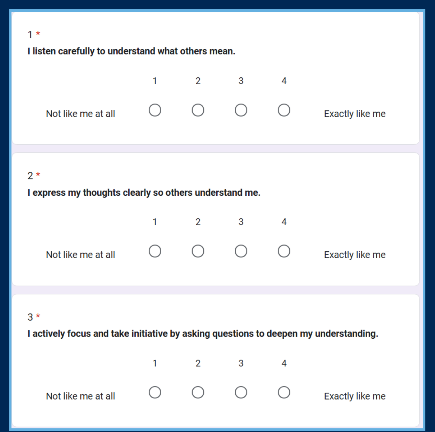 Screenshot of the first three questions of the high school Portrait of a Learner survey, each answered on a four-point scale from 