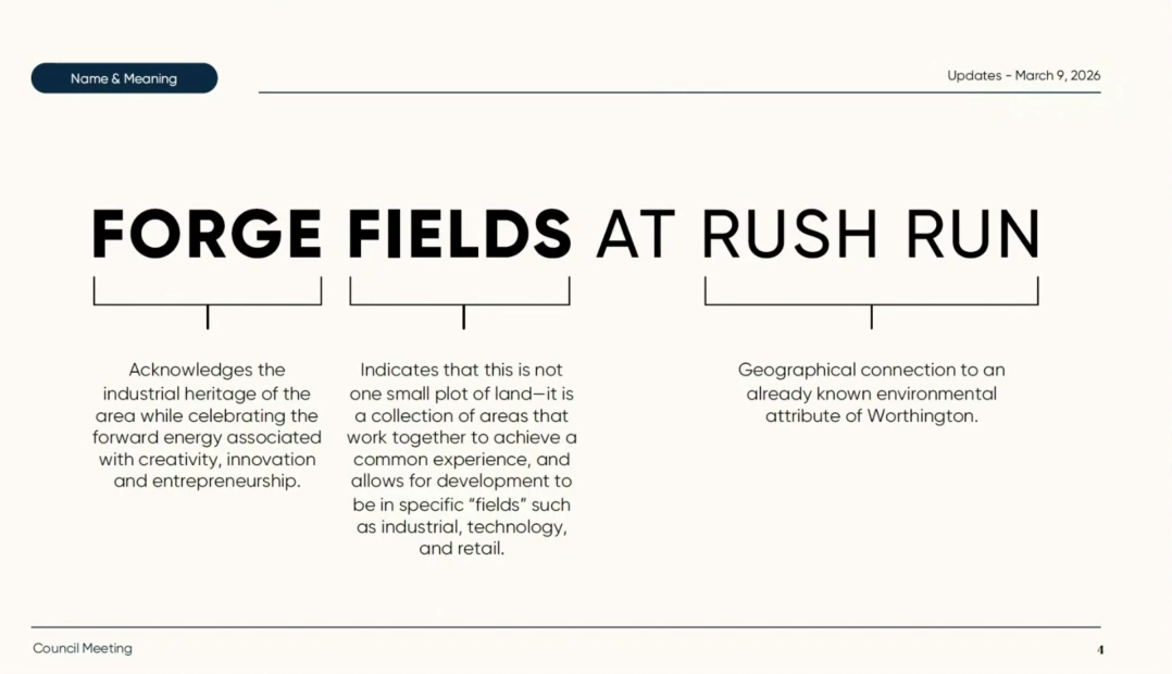 Presentation slide titled Forge Fields at Rush Run, with brackets under Forge (industrial heritage and forward energy), Fields (a collection of areas that allow development in specific fields such as industrial, technology and retail) and At Rush Run (geographical connection to a known environmental attribute of Worthington).