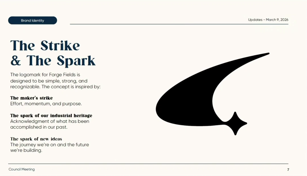 Presentation slide titled The Strike & The Spark showing a navy swoosh-shaped mark ending in a four-pointed star, with notes that the concept draws on the maker's strike, the spark of an industrial heritage and the spark of new ideas.