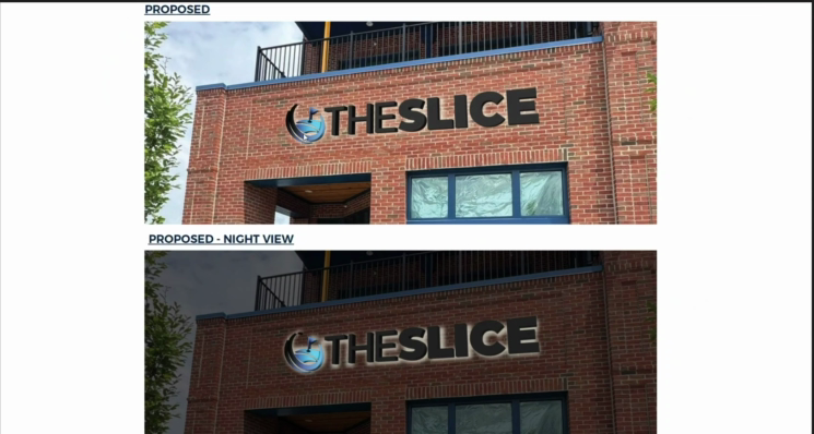 Rendering of The Slice's proposed wall sign on the brick facade at 121 West Wilson Bridge Road, shown in daytime and at night with halo lighting