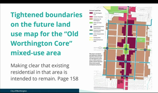 Slide reading 'Tightened boundaries on the future land use map for the Old Worthington Core mixed-use area' with a color-coded land use map