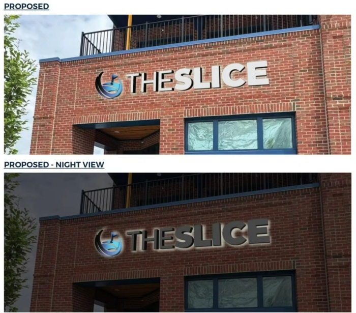 Two renderings of The Slice's wall sign on a brick building: white letters in daytime (top) and the same sign at night with a soft glow around the letters (bottom).