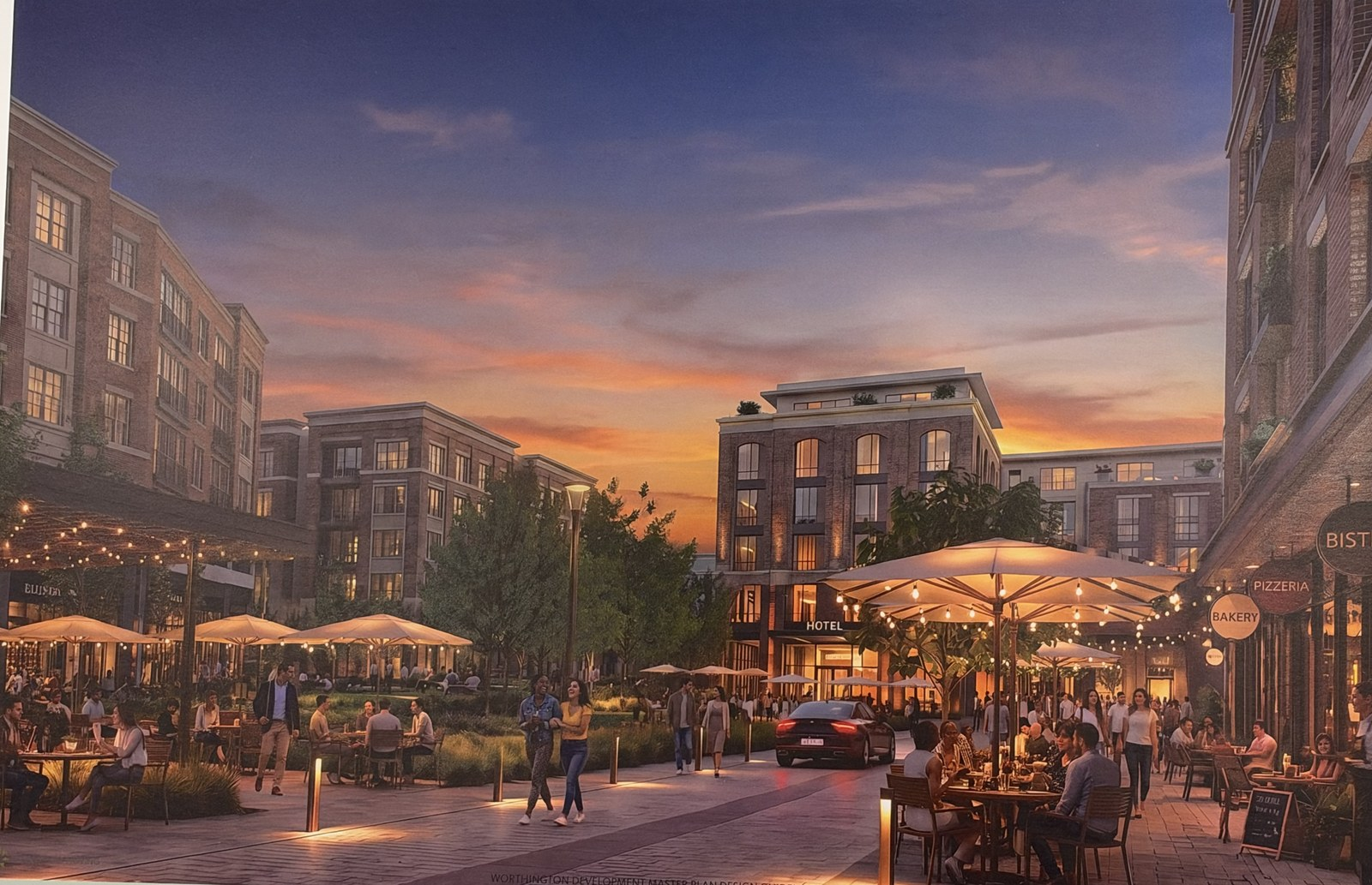 Rendering of the central plaza at dusk