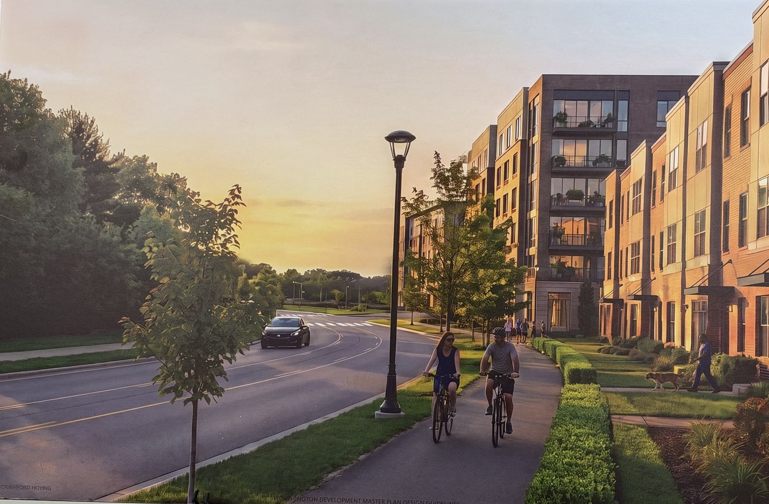 Rendering of townhomes and the shared-use path along West Wilson Bridge Road